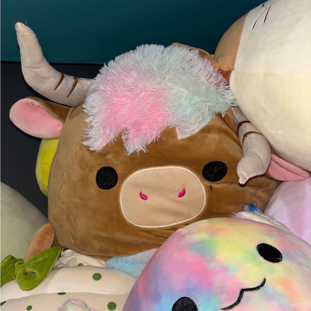 Cute Brown Bull Squishmallow with Colorful Hair